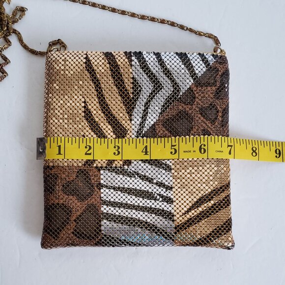 VINTAGE 70s Disco Gold Metal Mesh Bag Chain Crossbody Animal Print Retro Groovy - Picture 5 of 13